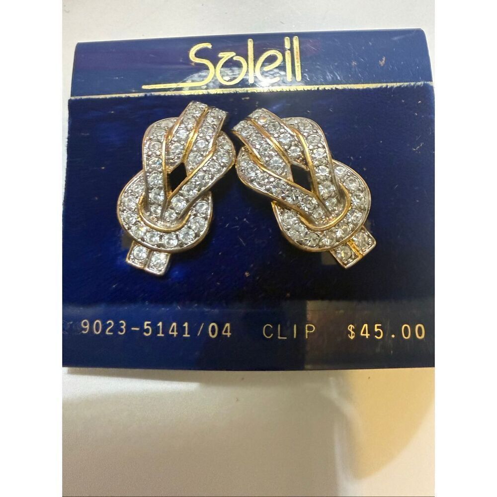 Vintage Soleil Women's 18K Gold Plated Knot Crystal Signed Clip On Earrings NWT
